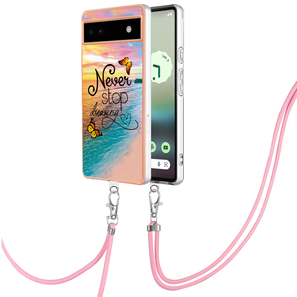 YB IMD Series-4 for Google Pixel 6a Thin TPU Case Electroplating Marble Flower Pattern IMD Phone Cover with Lanyard - Never Stop Dreaming