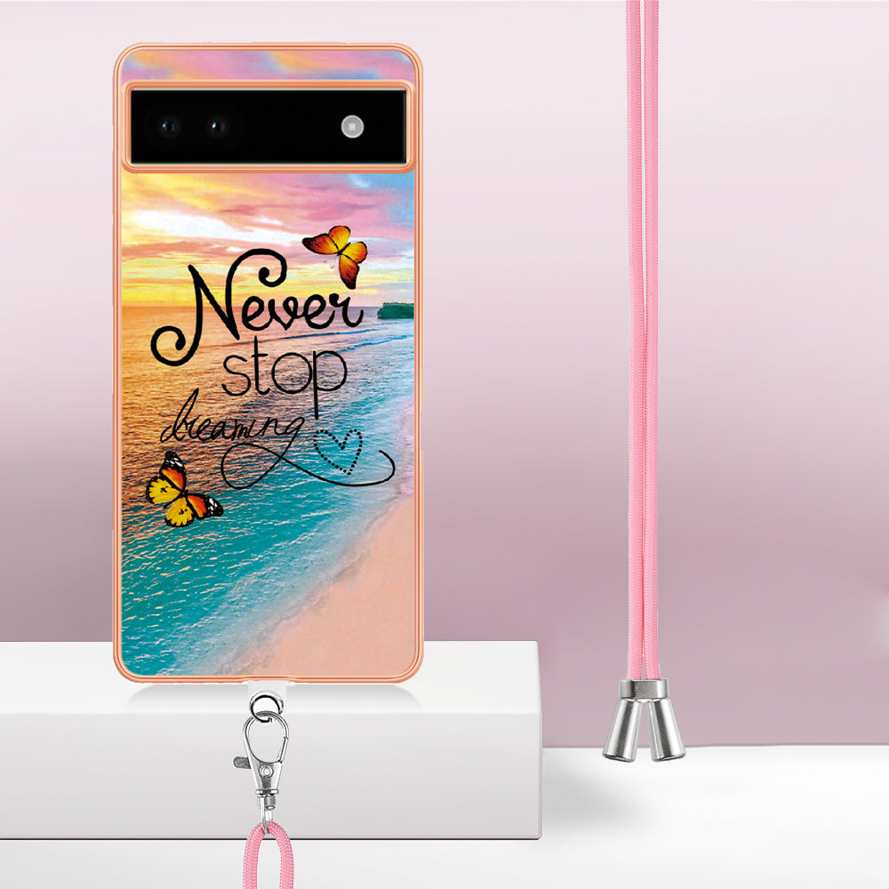 YB IMD Series-4 for Google Pixel 6a Thin TPU Case Electroplating Marble Flower Pattern IMD Phone Cover with Lanyard - Never Stop Dreaming