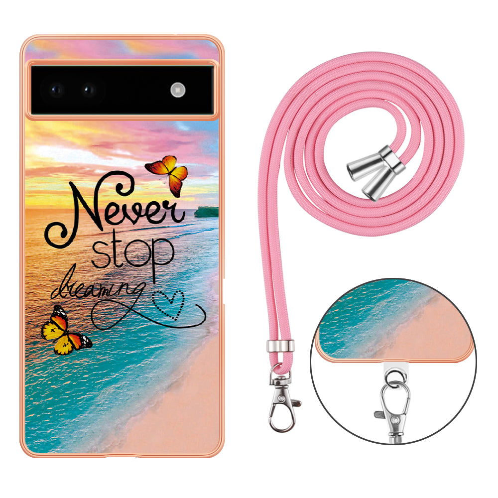 YB IMD Series-4 for Google Pixel 6a Thin TPU Case Electroplating Marble Flower Pattern IMD Phone Cover with Lanyard - Never Stop Dreaming