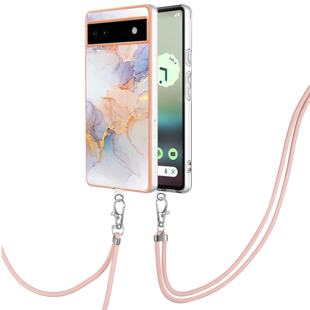 YB IMD Series-4 for Google Pixel 6a Thin TPU Case Electroplating Marble Flower Pattern IMD Phone Cover with Lanyard - Milky Way Marble White