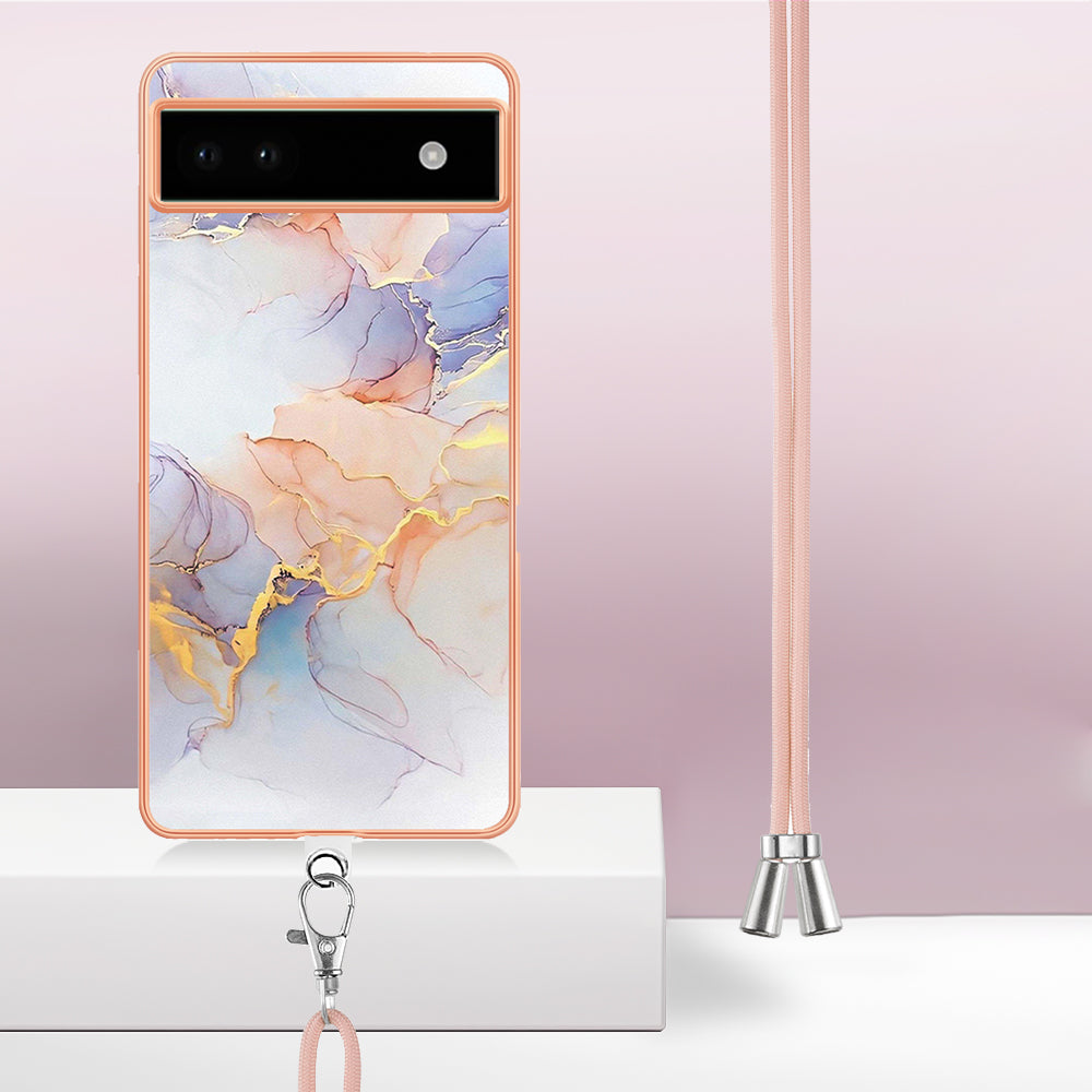 YB IMD Series-4 for Google Pixel 6a Thin TPU Case Electroplating Marble Flower Pattern IMD Phone Cover with Lanyard - Milky Way Marble White