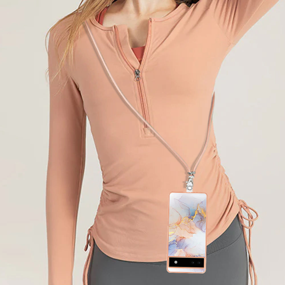 YB IMD Series-4 for Google Pixel 6a Thin TPU Case Electroplating Marble Flower Pattern IMD Phone Cover with Lanyard - Milky Way Marble White