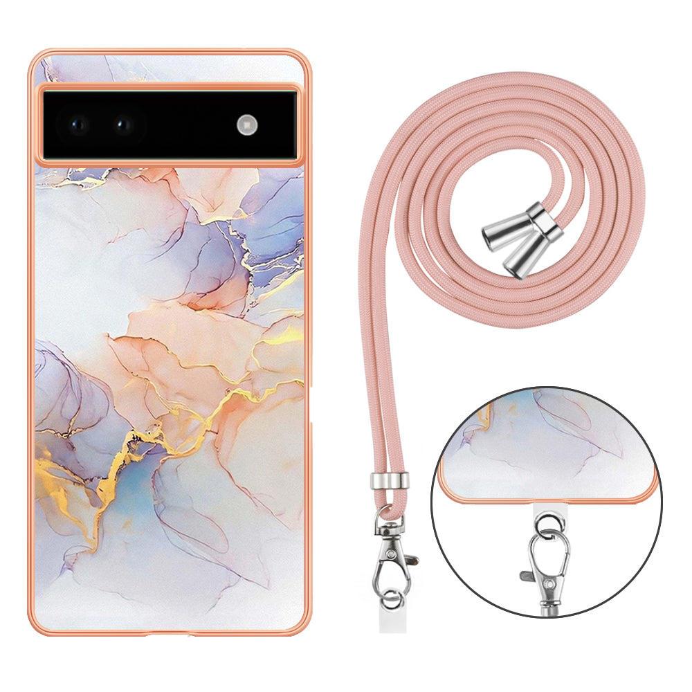 YB IMD Series-4 for Google Pixel 6a Thin TPU Case Electroplating Marble Flower Pattern IMD Phone Cover with Lanyard - Milky Way Marble White