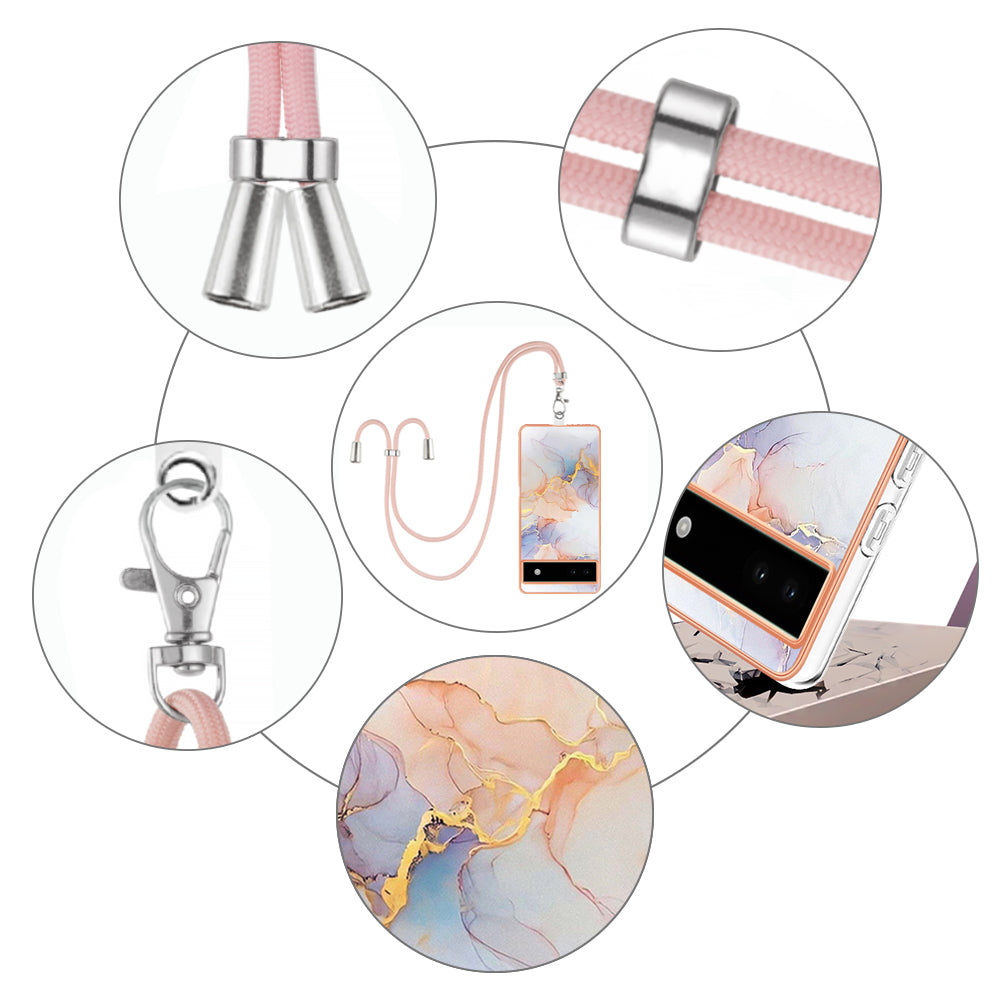 YB IMD Series-4 for Google Pixel 6a Thin TPU Case Electroplating Marble Flower Pattern IMD Phone Cover with Lanyard - Milky Way Marble White