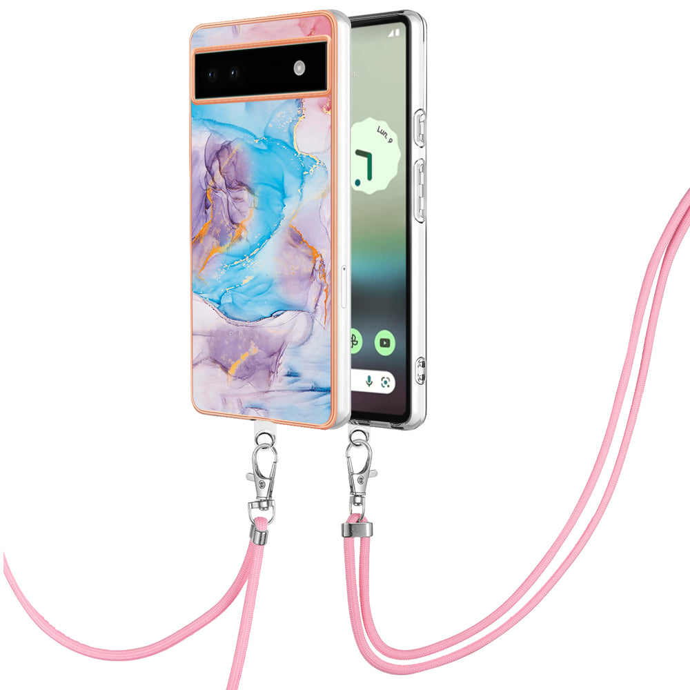 YB IMD Series-4 for Google Pixel 6a Thin TPU Case Electroplating Marble Flower Pattern IMD Phone Cover with Lanyard - Milky Way Marble Blue