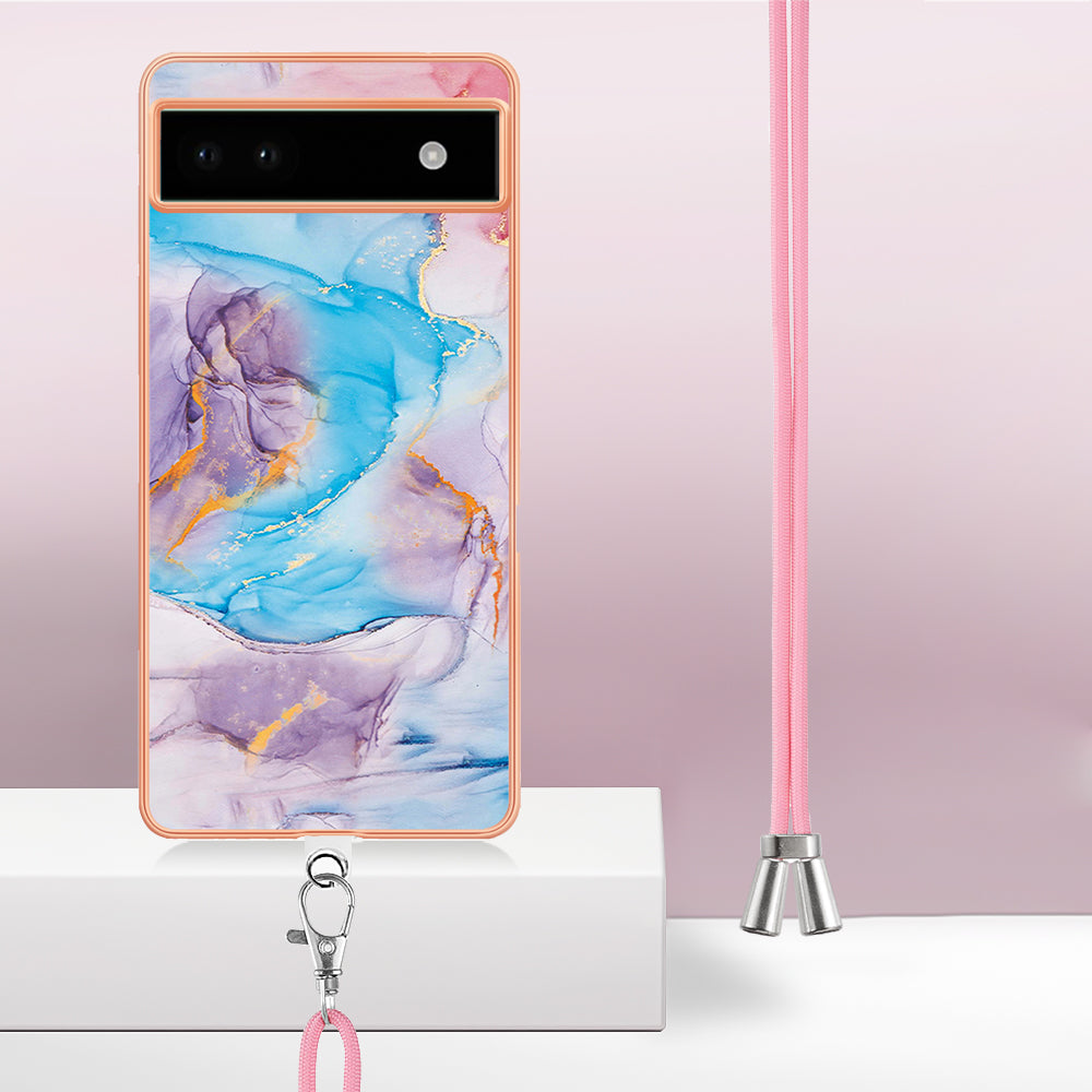 YB IMD Series-4 for Google Pixel 6a Thin TPU Case Electroplating Marble Flower Pattern IMD Phone Cover with Lanyard - Milky Way Marble Blue