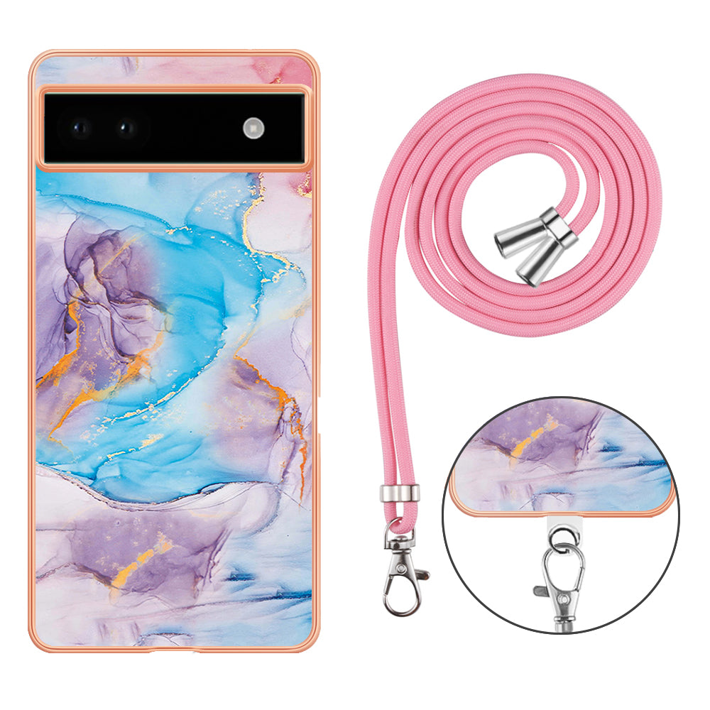 YB IMD Series-4 for Google Pixel 6a Thin TPU Case Electroplating Marble Flower Pattern IMD Phone Cover with Lanyard - Milky Way Marble Blue