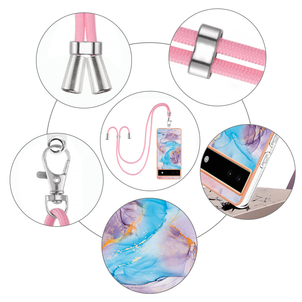 YB IMD Series-4 for Google Pixel 6a Thin TPU Case Electroplating Marble Flower Pattern IMD Phone Cover with Lanyard - Milky Way Marble Blue