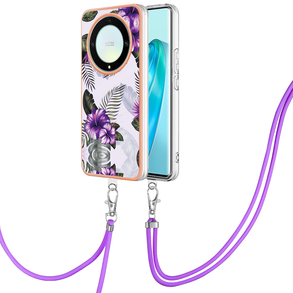 YB IMD Series-4 TPU Protective Cover for Honor X9a 5G / Magic5 Lite 5G / X40 5G , IMD Marble Flower Pattern IMD Electroplating Phone Case - Purple Flowers