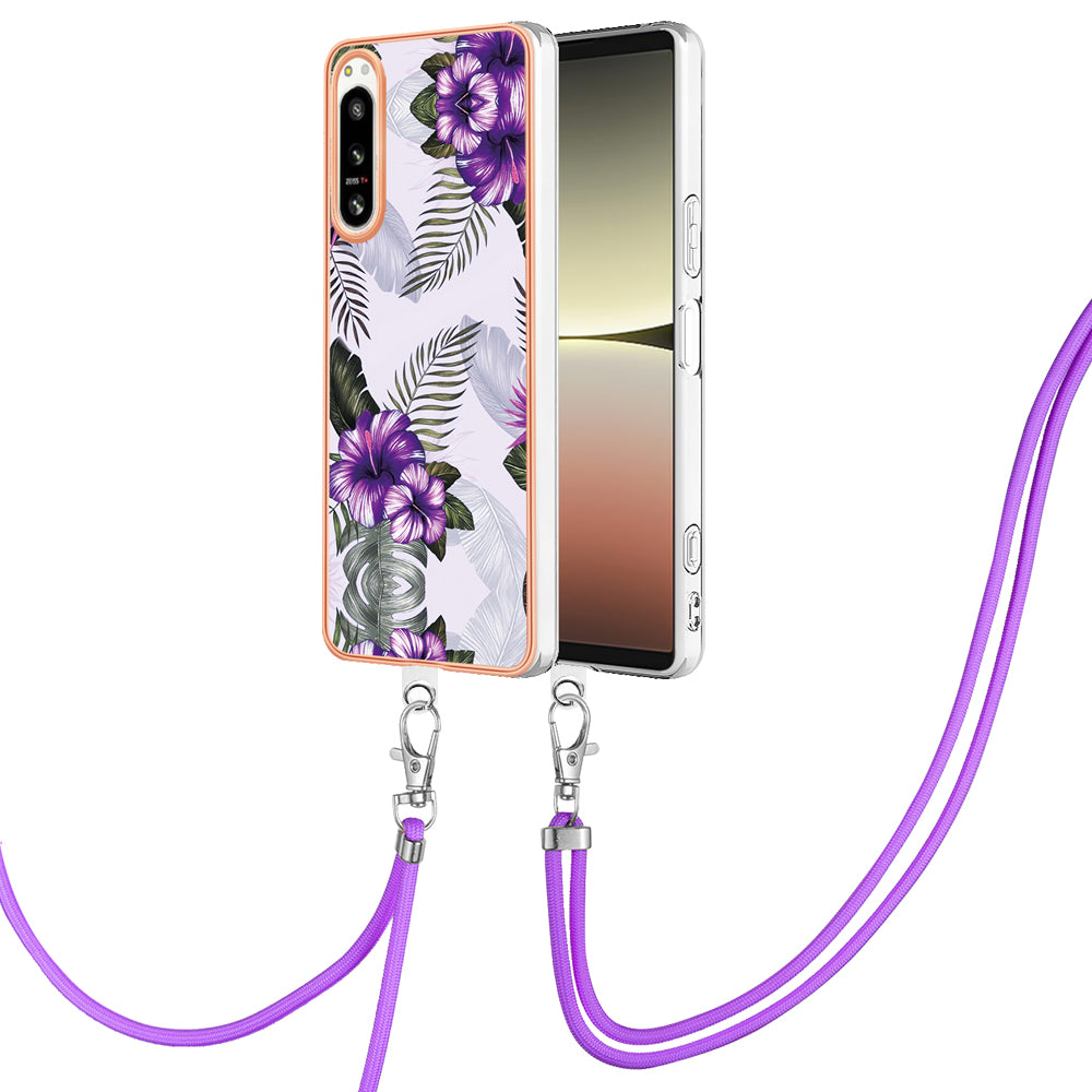 YB IMD Series-4 for Sony Xperia 5 IV 5G Plating Soft TPU Phone Case IMD Marble Flower Pattern Shockproof Cover with Lanyard - Purple Flowers