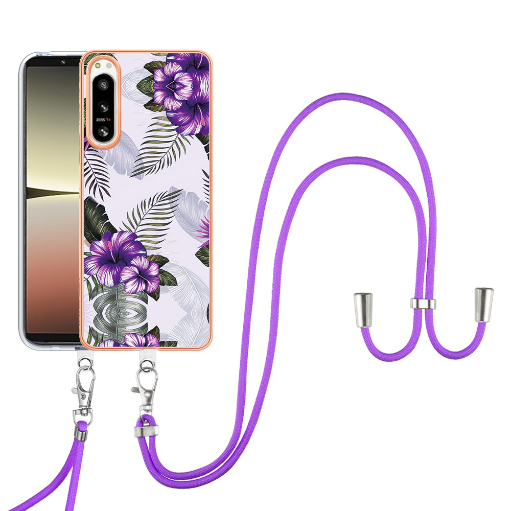 YB IMD Series-4 for Sony Xperia 5 IV 5G Plating Soft TPU Phone Case IMD Marble Flower Pattern Shockproof Cover with Lanyard - Purple Flowers