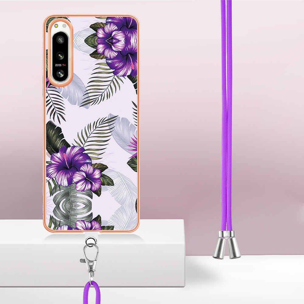 YB IMD Series-4 for Sony Xperia 5 IV 5G Plating Soft TPU Phone Case IMD Marble Flower Pattern Shockproof Cover with Lanyard - Purple Flowers