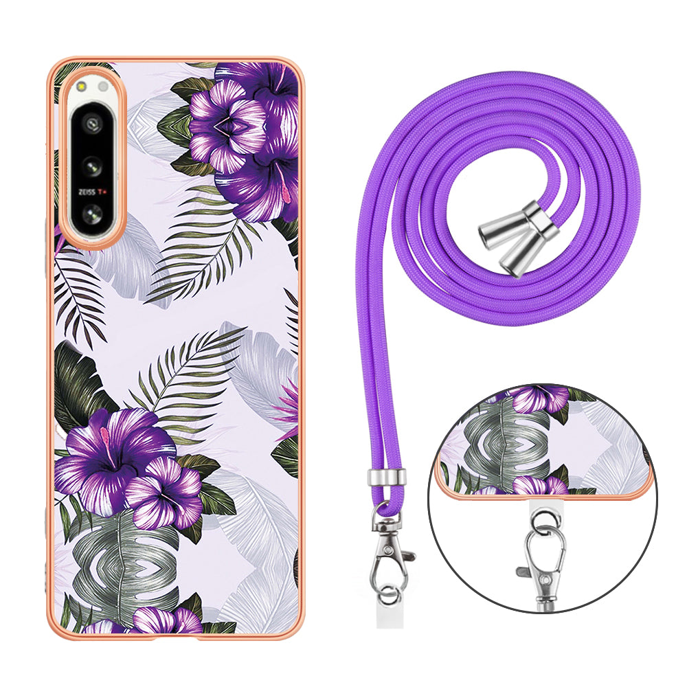 YB IMD Series-4 for Sony Xperia 5 IV 5G Plating Soft TPU Phone Case IMD Marble Flower Pattern Shockproof Cover with Lanyard - Purple Flowers