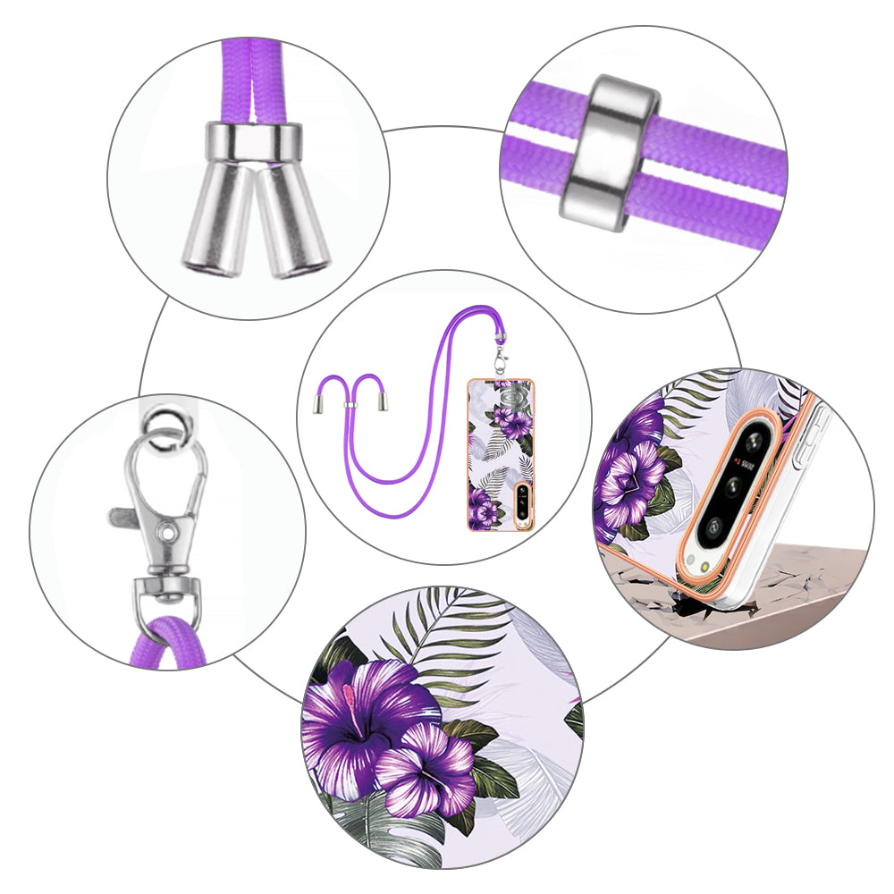 YB IMD Series-4 for Sony Xperia 5 IV 5G Plating Soft TPU Phone Case IMD Marble Flower Pattern Shockproof Cover with Lanyard - Purple Flowers