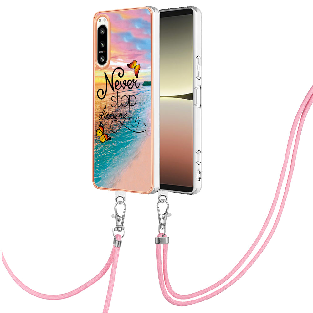 YB IMD Series-4 for Sony Xperia 5 IV 5G Plating Soft TPU Phone Case IMD Marble Flower Pattern Shockproof Cover with Lanyard - Never Stop Dreaming
