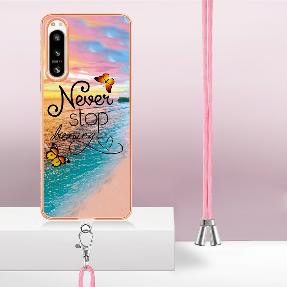 YB IMD Series-4 for Sony Xperia 5 IV 5G Plating Soft TPU Phone Case IMD Marble Flower Pattern Shockproof Cover with Lanyard - Never Stop Dreaming