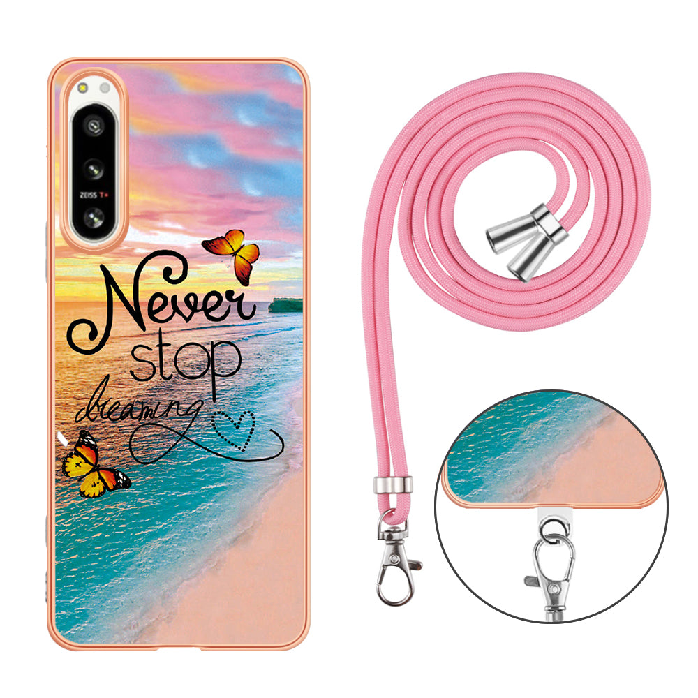 YB IMD Series-4 for Sony Xperia 5 IV 5G Plating Soft TPU Phone Case IMD Marble Flower Pattern Shockproof Cover with Lanyard - Never Stop Dreaming