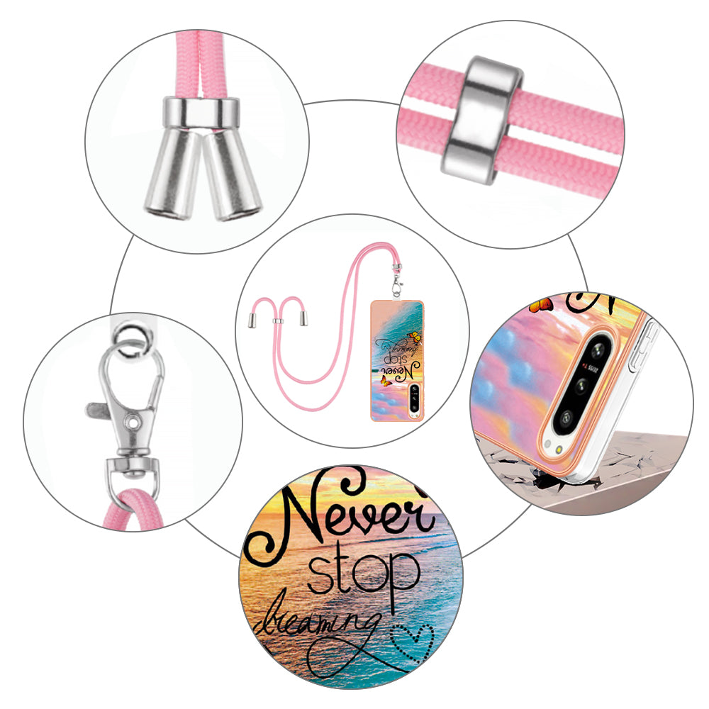 YB IMD Series-4 for Sony Xperia 5 IV 5G Plating Soft TPU Phone Case IMD Marble Flower Pattern Shockproof Cover with Lanyard - Never Stop Dreaming