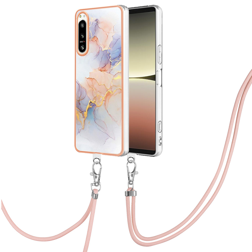 YB IMD Series-4 for Sony Xperia 5 IV 5G Plating Soft TPU Phone Case IMD Marble Flower Pattern Shockproof Cover with Lanyard - Milky Way Marble White