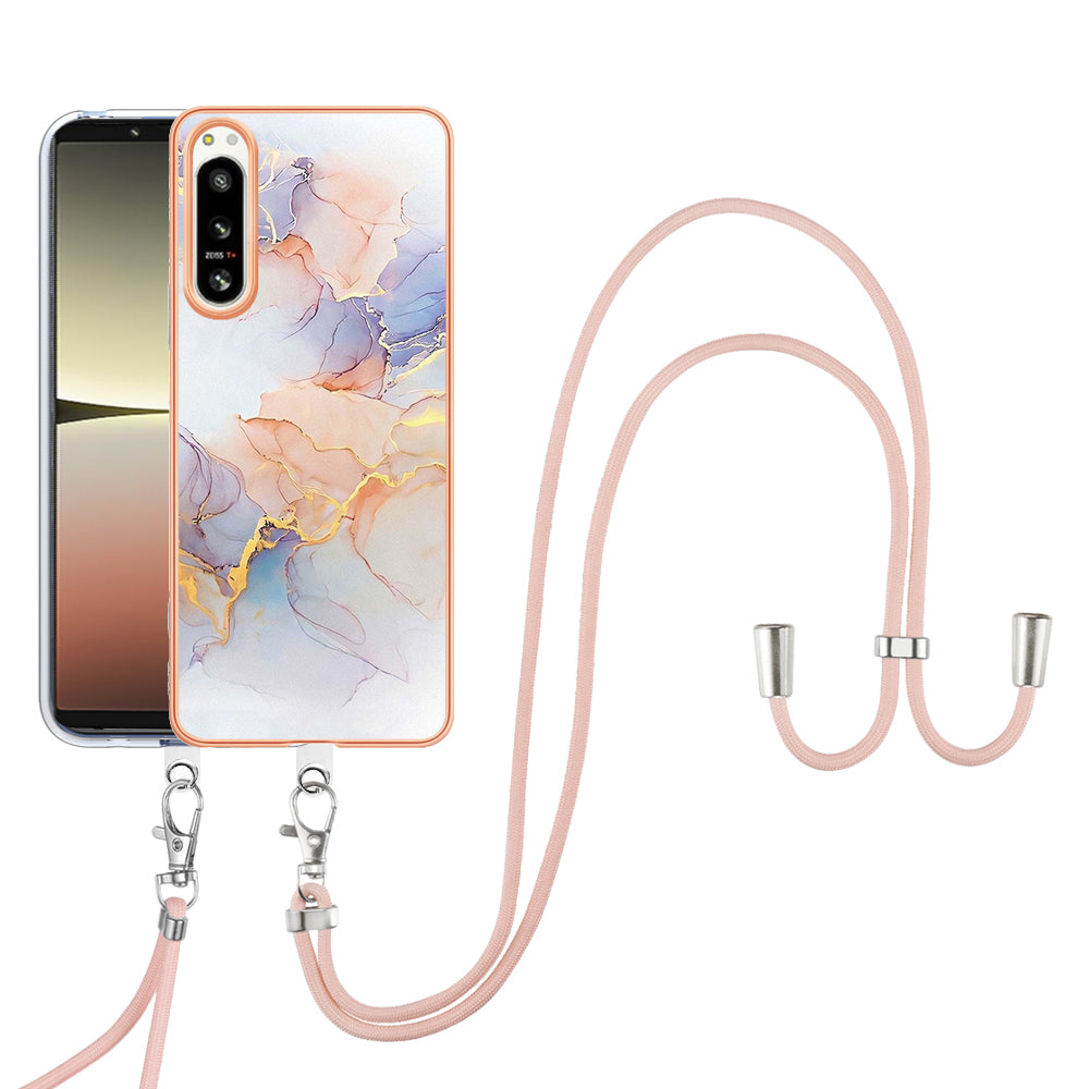 YB IMD Series-4 for Sony Xperia 5 IV 5G Plating Soft TPU Phone Case IMD Marble Flower Pattern Shockproof Cover with Lanyard - Milky Way Marble White
