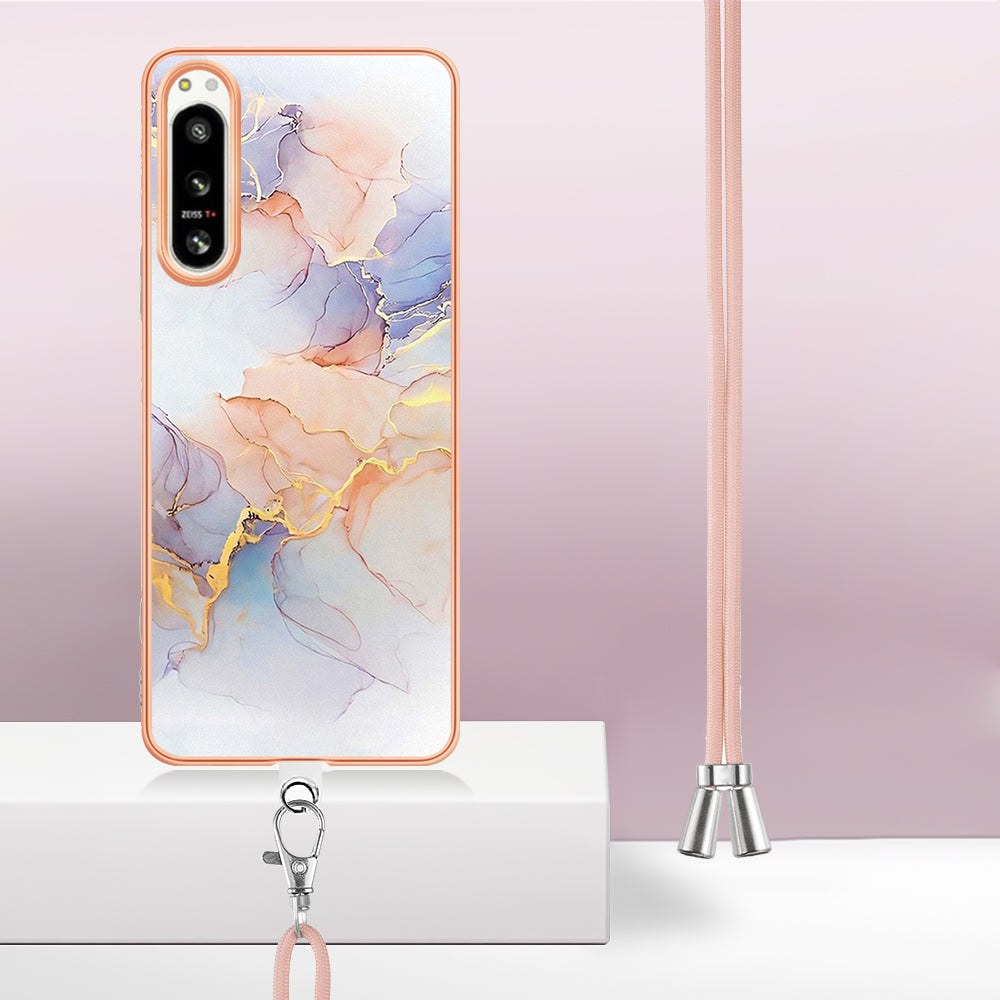 YB IMD Series-4 for Sony Xperia 5 IV 5G Plating Soft TPU Phone Case IMD Marble Flower Pattern Shockproof Cover with Lanyard - Milky Way Marble White