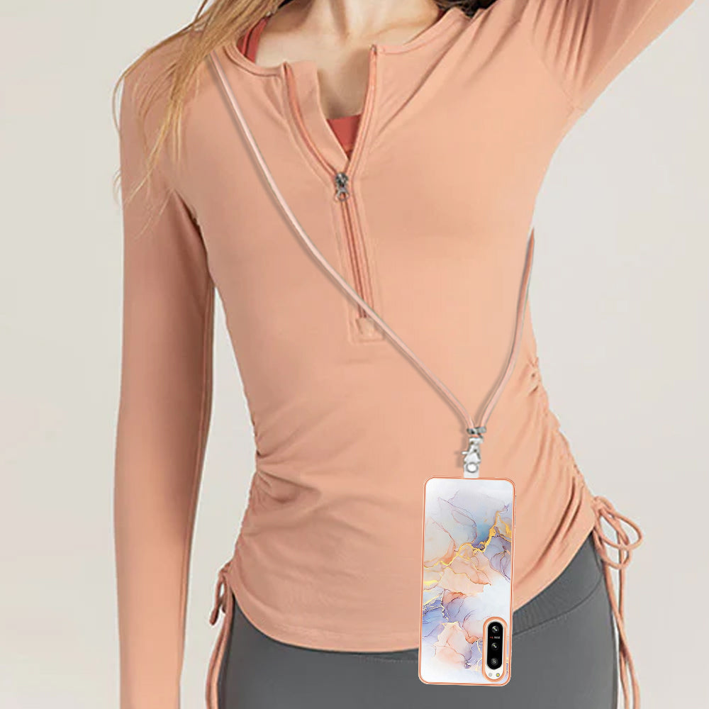 YB IMD Series-4 for Sony Xperia 5 IV 5G Plating Soft TPU Phone Case IMD Marble Flower Pattern Shockproof Cover with Lanyard - Milky Way Marble White