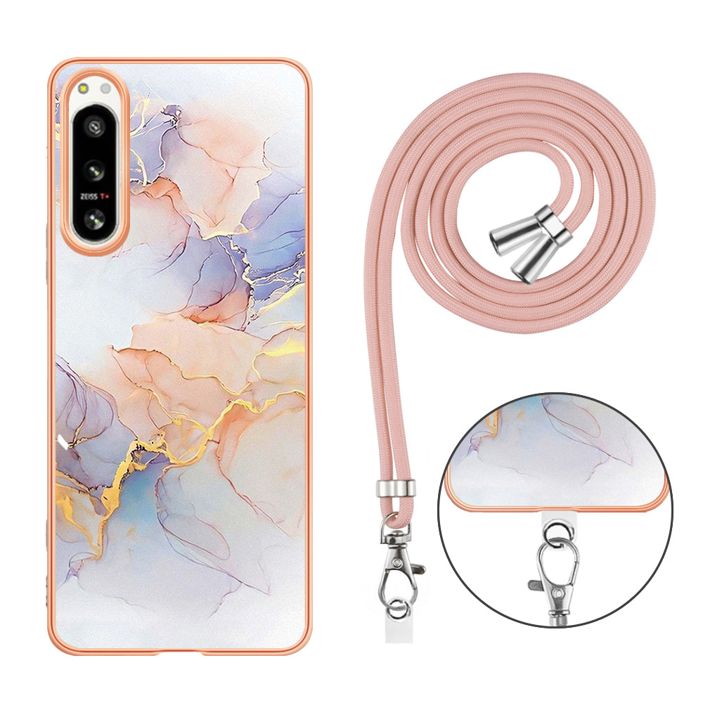 YB IMD Series-4 for Sony Xperia 5 IV 5G Plating Soft TPU Phone Case IMD Marble Flower Pattern Shockproof Cover with Lanyard - Milky Way Marble White