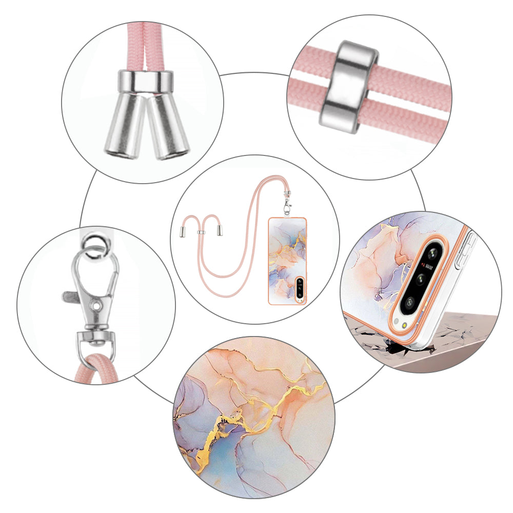 YB IMD Series-4 for Sony Xperia 5 IV 5G Plating Soft TPU Phone Case IMD Marble Flower Pattern Shockproof Cover with Lanyard - Milky Way Marble White