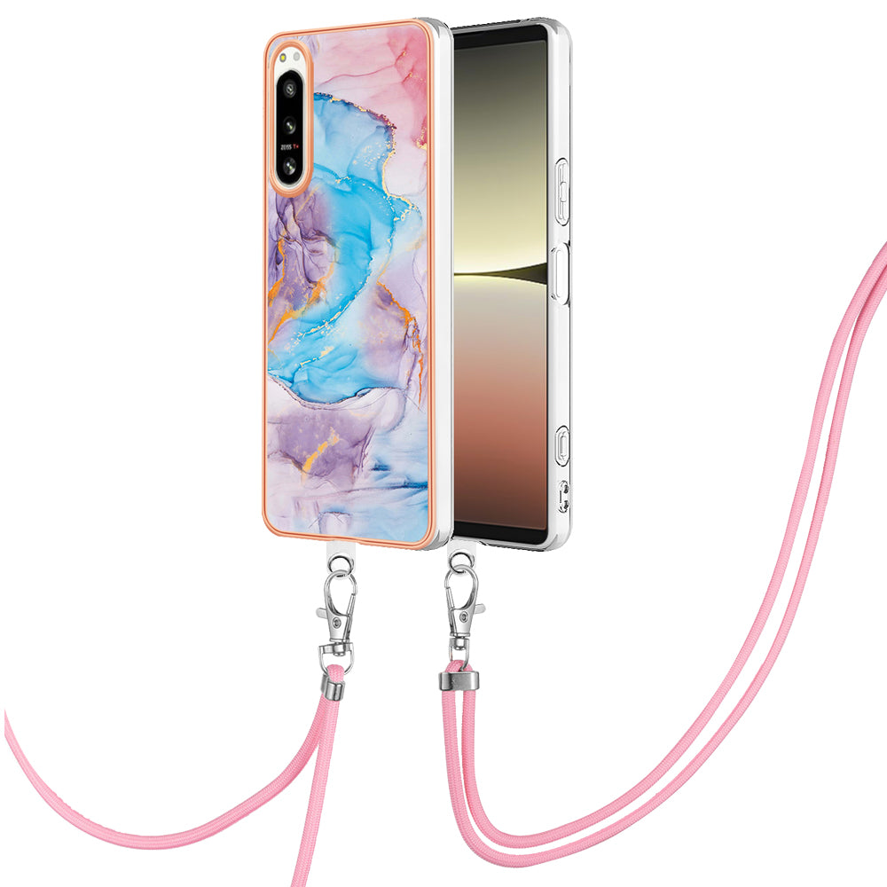YB IMD Series-4 for Sony Xperia 5 IV 5G Plating Soft TPU Phone Case IMD Marble Flower Pattern Shockproof Cover with Lanyard - Milky Way Marble Blue