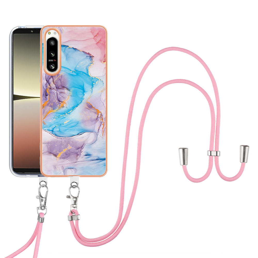 YB IMD Series-4 for Sony Xperia 5 IV 5G Plating Soft TPU Phone Case IMD Marble Flower Pattern Shockproof Cover with Lanyard - Milky Way Marble Blue