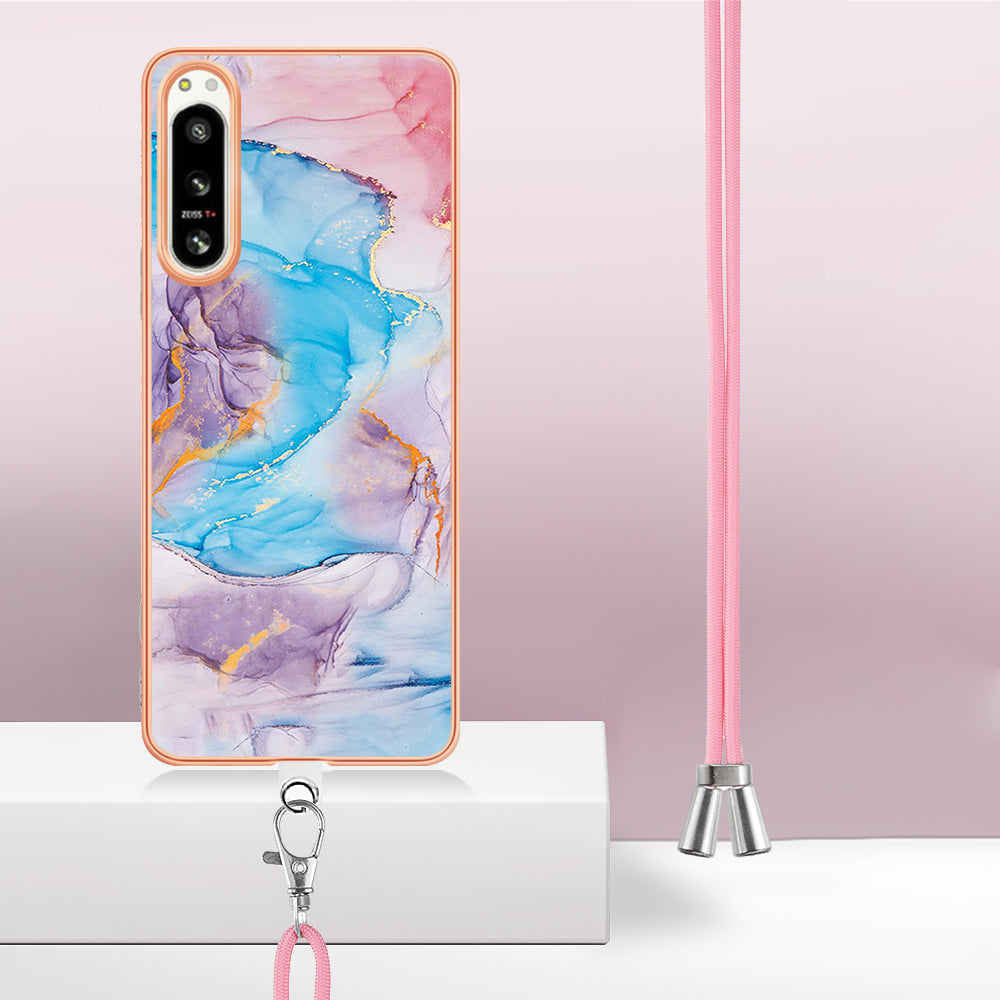 YB IMD Series-4 for Sony Xperia 5 IV 5G Plating Soft TPU Phone Case IMD Marble Flower Pattern Shockproof Cover with Lanyard - Milky Way Marble Blue