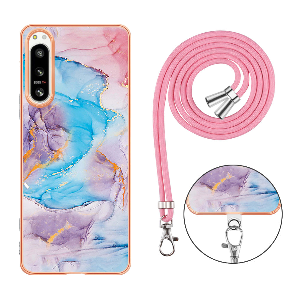 YB IMD Series-4 for Sony Xperia 5 IV 5G Plating Soft TPU Phone Case IMD Marble Flower Pattern Shockproof Cover with Lanyard - Milky Way Marble Blue