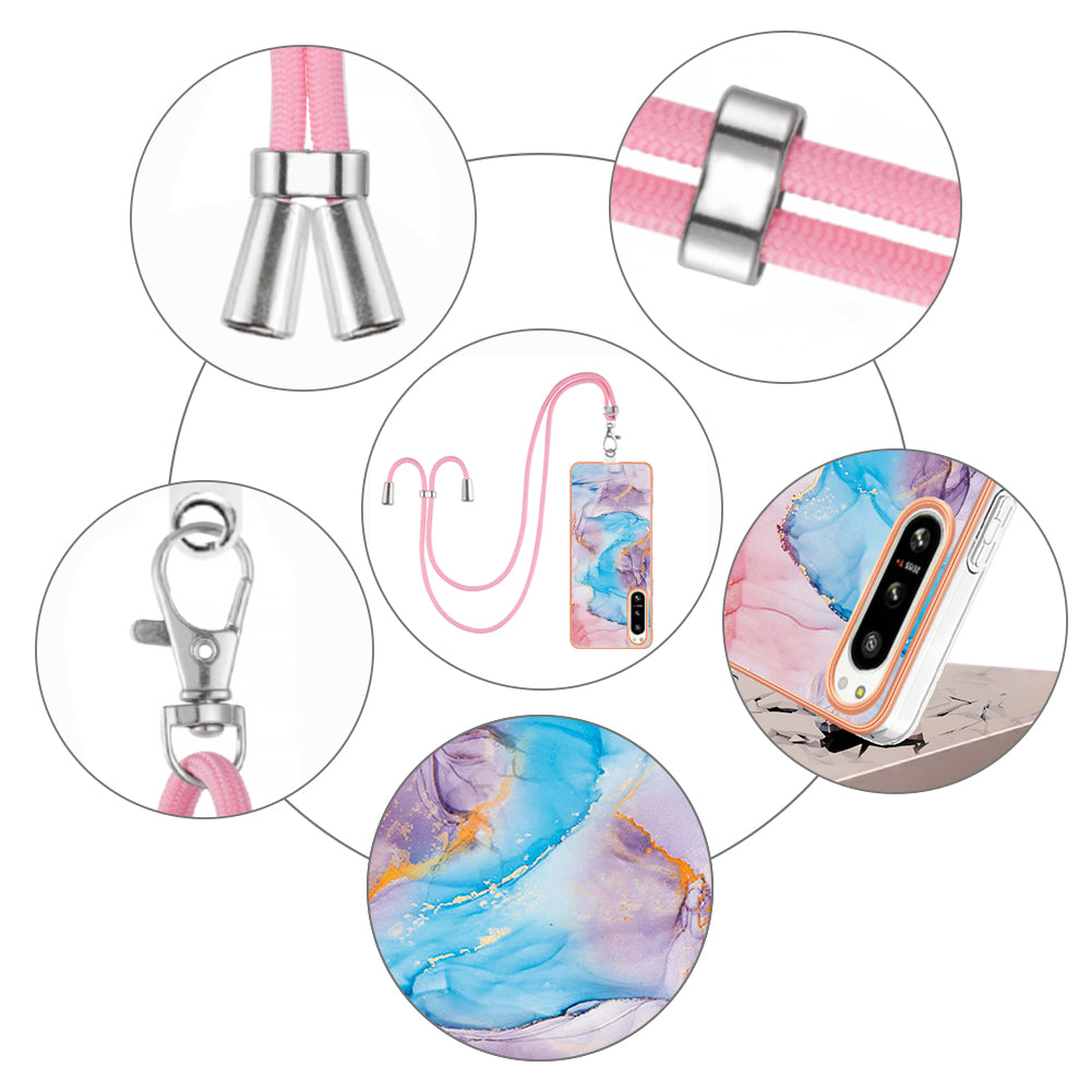 YB IMD Series-4 for Sony Xperia 5 IV 5G Plating Soft TPU Phone Case IMD Marble Flower Pattern Shockproof Cover with Lanyard - Milky Way Marble Blue