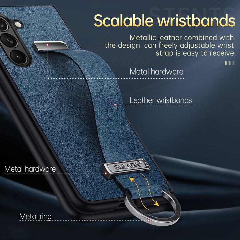 Uniqkart Fashion Series for Samsung Galaxy Z Fold5 5G Wristband Kickstand Phone Case Leather Coated PC Cover - Blue