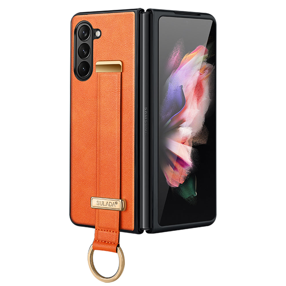 Uniqkart Fashion Series for Samsung Galaxy Z Fold5 5G Wristband Kickstand Phone Case Leather Coated PC Cover - Orange