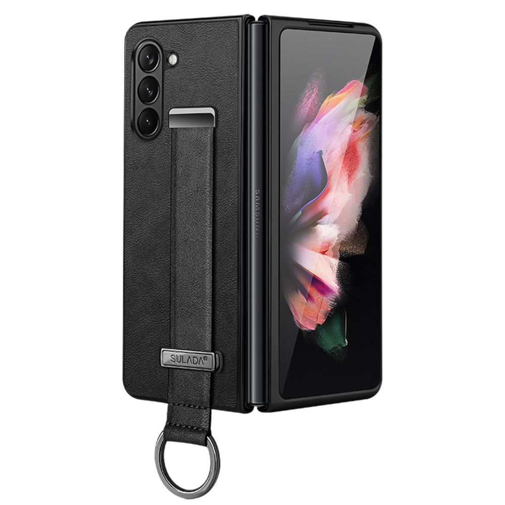 Uniqkart Fashion Series for Samsung Galaxy Z Fold5 5G Wristband Kickstand Phone Case Leather Coated PC Cover - Black