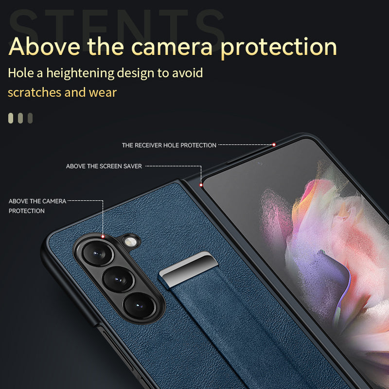 Uniqkart Fashion Series for Samsung Galaxy Z Fold5 5G Wristband Kickstand Phone Case Leather Coated PC Cover - Black