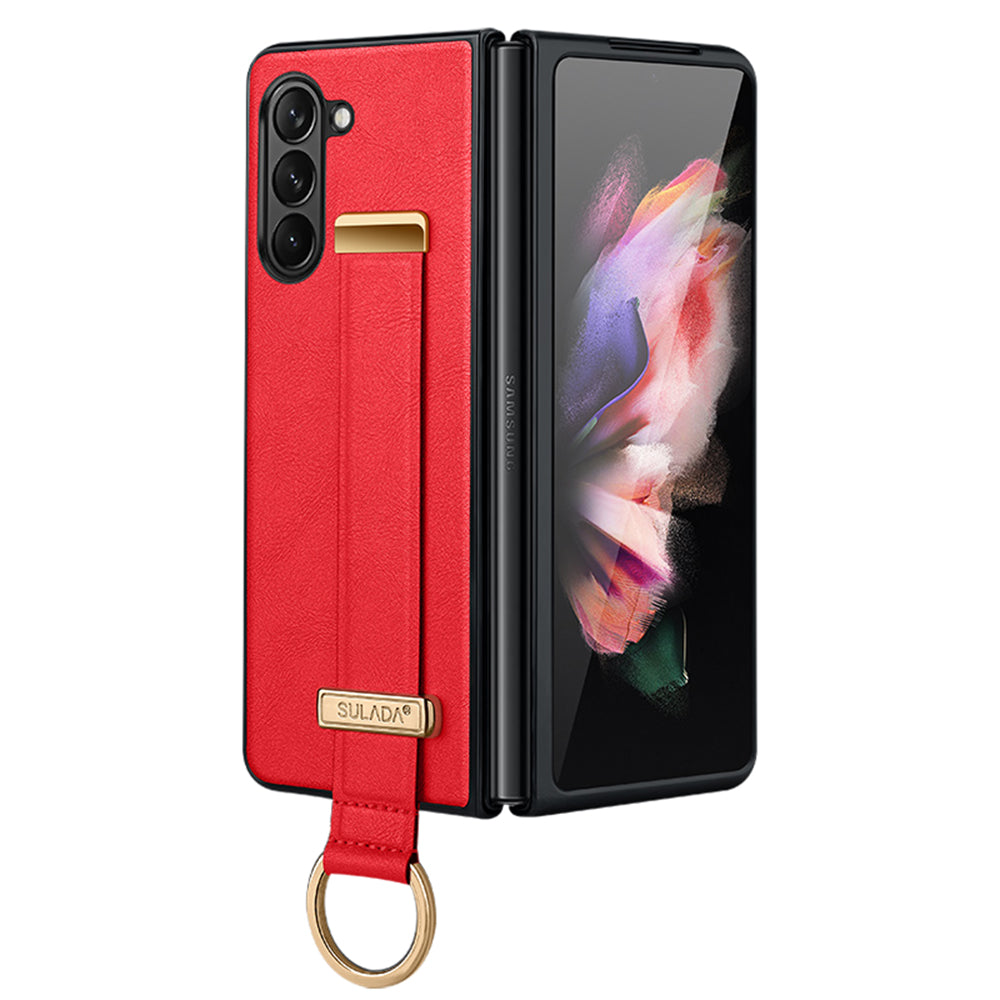 Uniqkart Fashion Series for Samsung Galaxy Z Fold5 5G Wristband Kickstand Phone Case Leather Coated PC Cover - Red