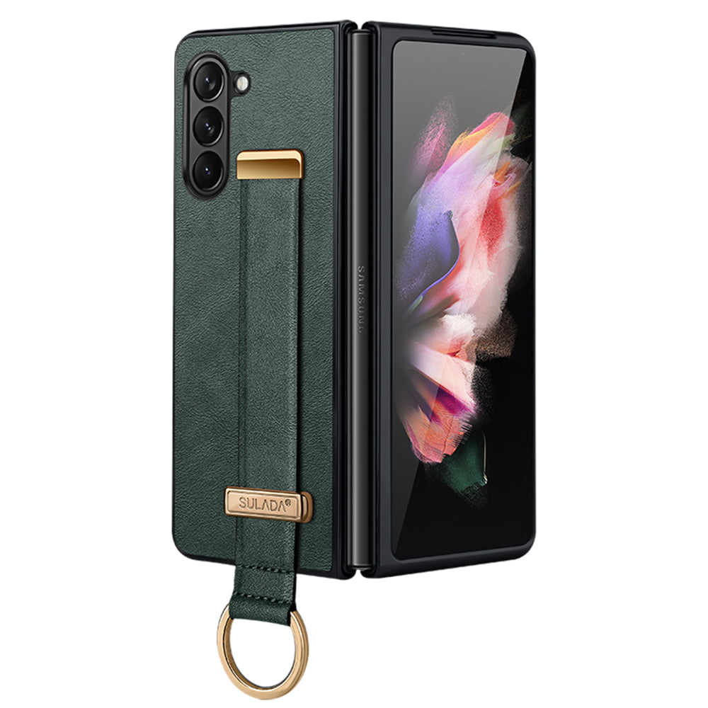 Uniqkart Fashion Series for Samsung Galaxy Z Fold5 5G Wristband Kickstand Phone Case Leather Coated PC Cover - Green