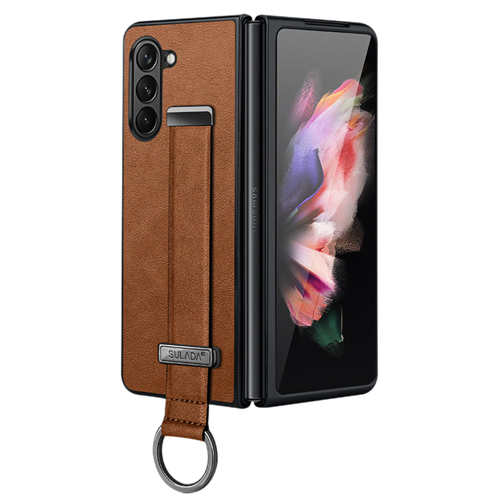 Uniqkart Fashion Series for Samsung Galaxy Z Fold5 5G Wristband Kickstand Phone Case Leather Coated PC Cover - Brown
