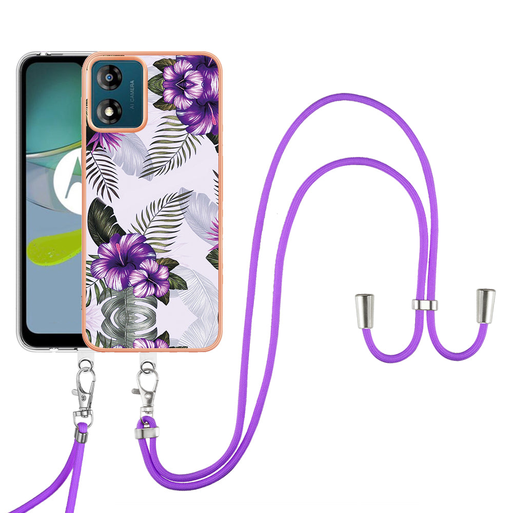 YB IMD Series-4 for Motorola Moto E13 4G Soft TPU Case Electroplating Marble Flower Pattern IMD Phone Cover with Lanyard - Purple Flowers