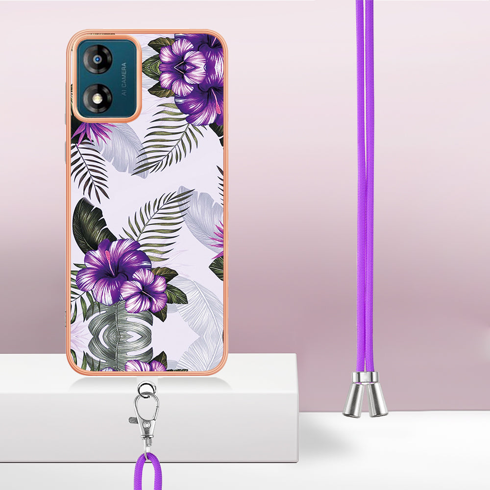 YB IMD Series-4 for Motorola Moto E13 4G Soft TPU Case Electroplating Marble Flower Pattern IMD Phone Cover with Lanyard - Purple Flowers