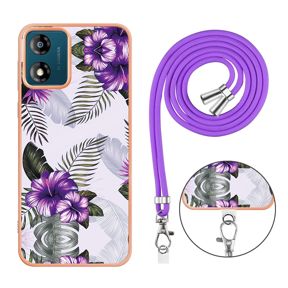 YB IMD Series-4 for Motorola Moto E13 4G Soft TPU Case Electroplating Marble Flower Pattern IMD Phone Cover with Lanyard - Purple Flowers