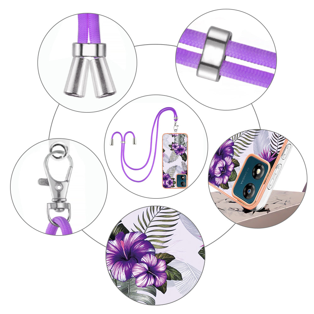 YB IMD Series-4 for Motorola Moto E13 4G Soft TPU Case Electroplating Marble Flower Pattern IMD Phone Cover with Lanyard - Purple Flowers