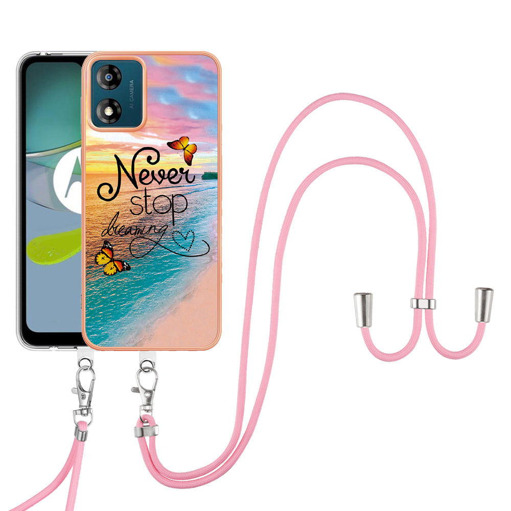 YB IMD Series-4 for Motorola Moto E13 4G Soft TPU Case Electroplating Marble Flower Pattern IMD Phone Cover with Lanyard - Never Stop Dreaming