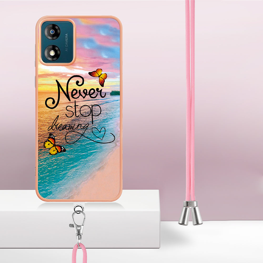 YB IMD Series-4 for Motorola Moto E13 4G Soft TPU Case Electroplating Marble Flower Pattern IMD Phone Cover with Lanyard - Never Stop Dreaming