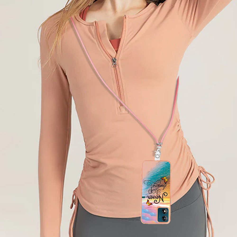 YB IMD Series-4 for Motorola Moto E13 4G Soft TPU Case Electroplating Marble Flower Pattern IMD Phone Cover with Lanyard - Never Stop Dreaming