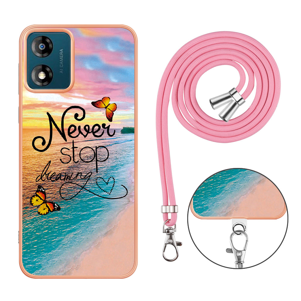 YB IMD Series-4 for Motorola Moto E13 4G Soft TPU Case Electroplating Marble Flower Pattern IMD Phone Cover with Lanyard - Never Stop Dreaming