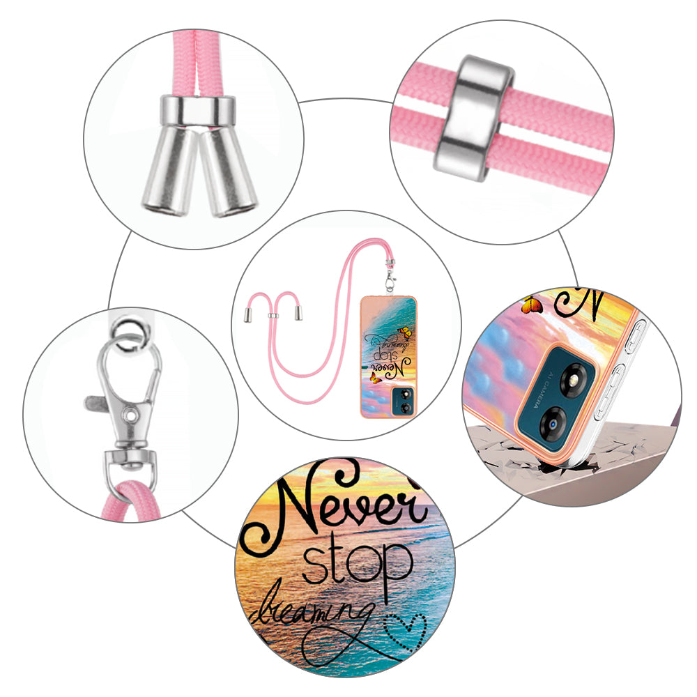 YB IMD Series-4 for Motorola Moto E13 4G Soft TPU Case Electroplating Marble Flower Pattern IMD Phone Cover with Lanyard - Never Stop Dreaming