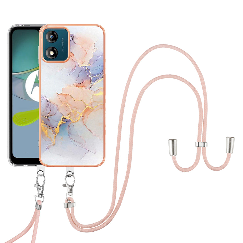 YB IMD Series-4 for Motorola Moto E13 4G Soft TPU Case Electroplating Marble Flower Pattern IMD Phone Cover with Lanyard - Milky Way Marble White